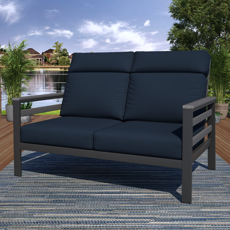Causeuse d'extérieur en métal avec coussin Sunbrella Townsend, Toile bleu marine, Gris