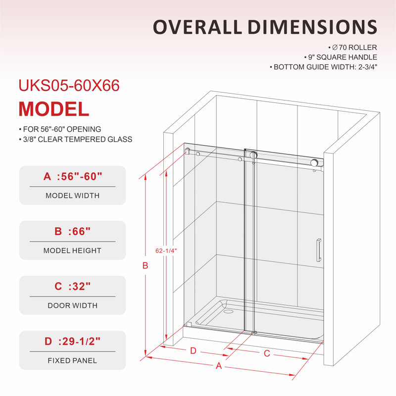 UKS05 56 in. to 60 in. x 66 in. H Frameless Sliding Shower Door in Brushed Nickel with 3/8 in. (10mm) Clear Glass
