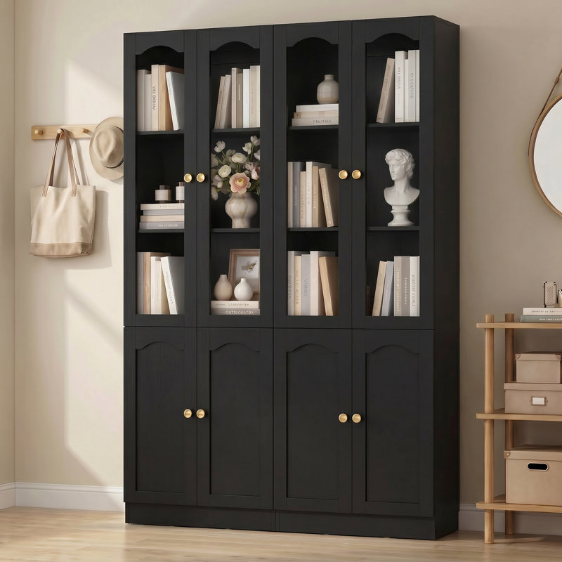 Bibliothèque H 80 "x l 47,2" avec tablettes réglables et porte en verre, Noir