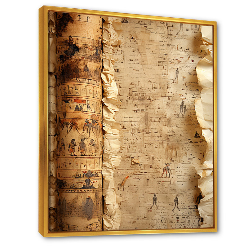 «Hinduism Puranas Papyrus Parchment II», reproduction d'art sur toile, Cadre flottant doré, H 44 po x l 34 po x P 1,5 po