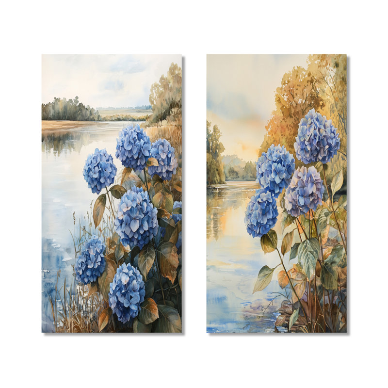 Hortensias par la rivière I - ensemble de 2 décorations murales florales en métal, 40" H x 40" W