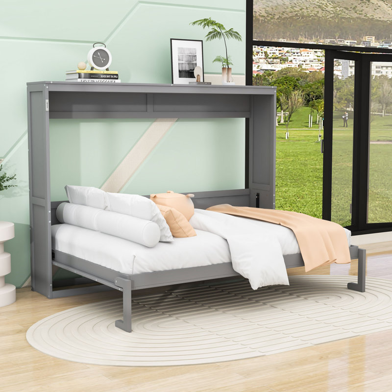 Lit escamotable en bois avec confort flexible, Gris, Double