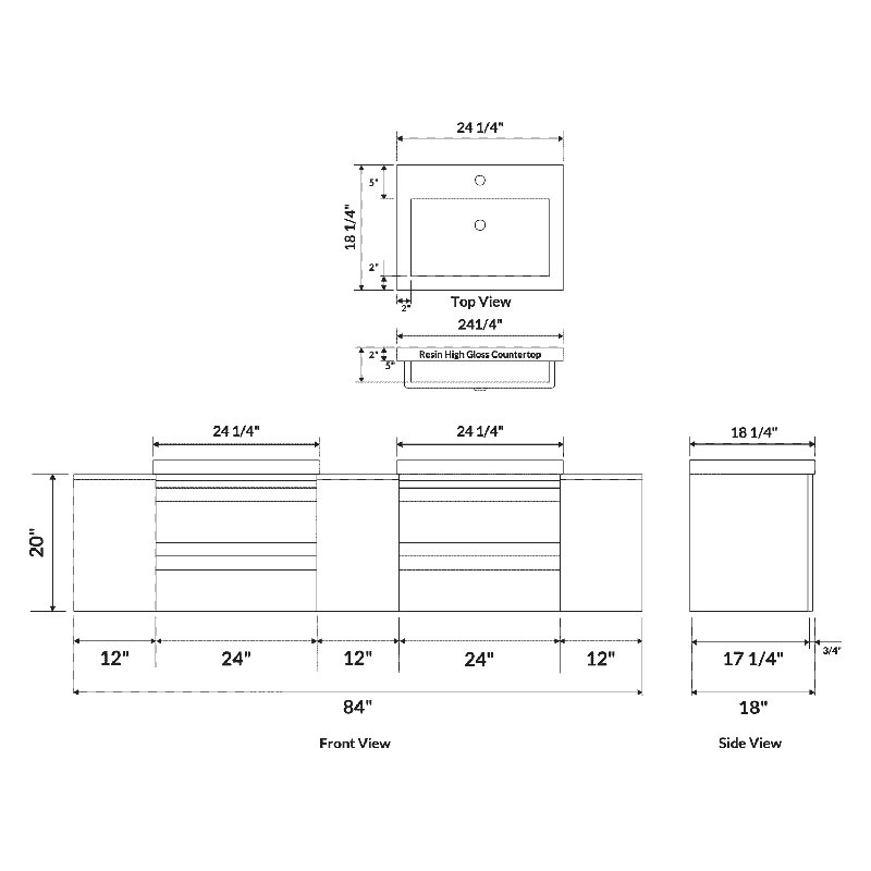 Meuble-lavabo mural double l 84 po x P 18 po x H 22 po