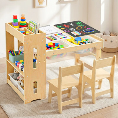 Kids Sensory Table with Adjustable Height & Storage ,Kids Art Table with 2 Storage Bins 1 Paper Roller