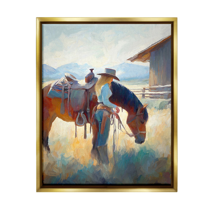 "Fille et cheval équestres" par Ramona Murdock sur toile, Cadre flottant métallique doré, H 21 po x l 17 po