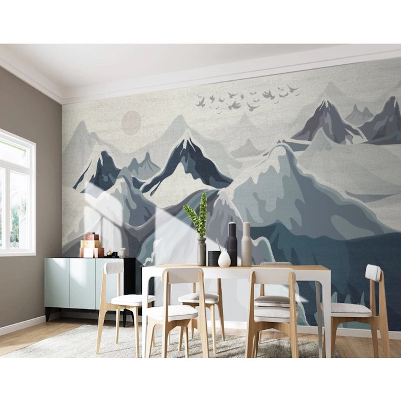 Papier peint amovible à l'aquarelle scandinave des montagnes enneigées, L 75 po x l 112 po