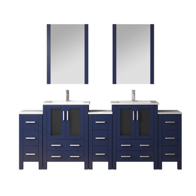 Volez 84" W Double Vanity w/ Side Cabinets, White Ceramic Top, 22" Mirrors & Chrome Faucet