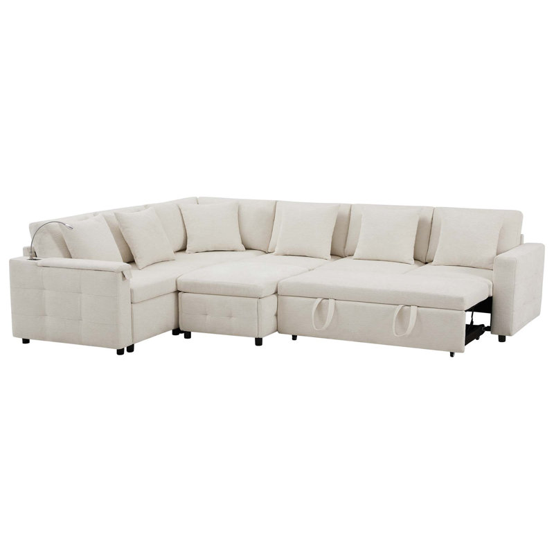 Canapé-lit modulaire coulissant 117 * 90 po avec panneau de table rabattable, lampe de lecture, ports de charge, repose-pieds de rangement, conception capitonnée, 6 coussins, combinaison surdimensionnée et libre, chenille