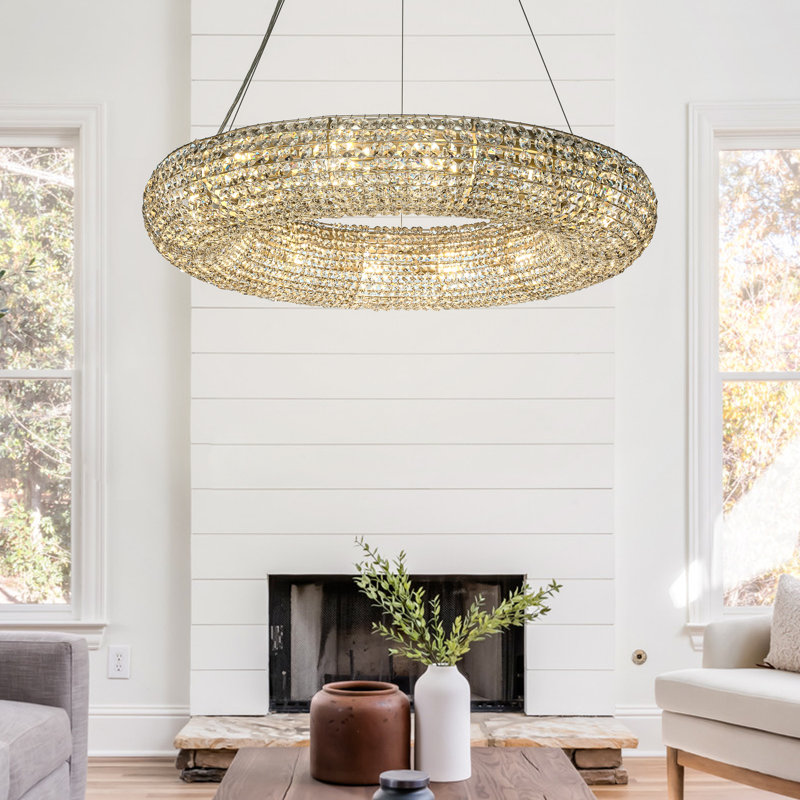 Unique/Statement Soft Gold Wagon Wheel 32 inch Chandelier With Crystal Beads Accents, 18