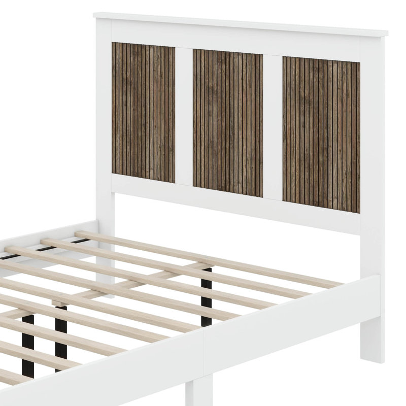 Lit plateforme contemporain en bois de style campagnard avec bandes décoratives en bois, Lit double, Blanc