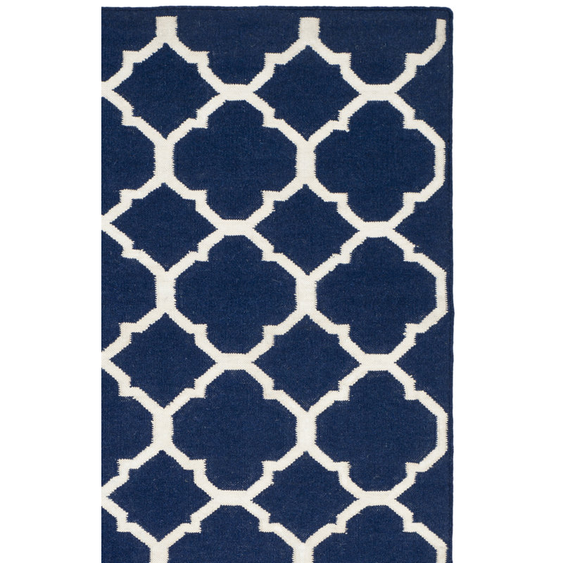 Rodgers Hand Woven Flat Weave Banana Silk/Wool/Cotton Geometric Rug in Navy/Ivory, Square 7'