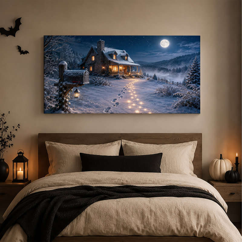 Maison en pierre enneigée sous la pleine lune avec toile murale lumineuse d'Halloween, L 58 po x H 28 po