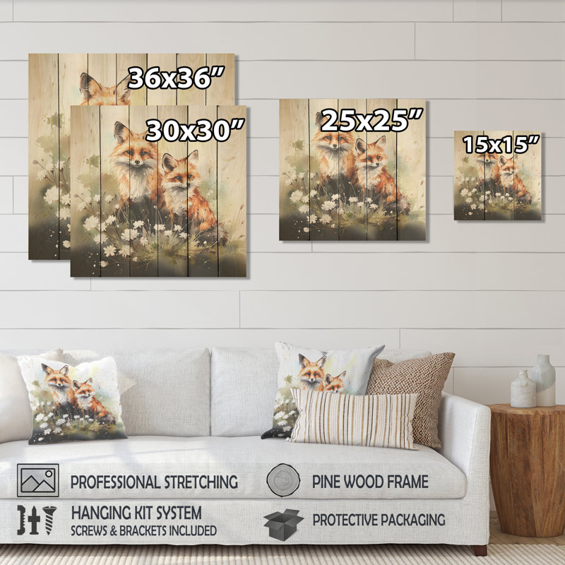 Foxs Elegant Forest Florals Grace III - Animal renard sur bois, H 36 po x l 36 po