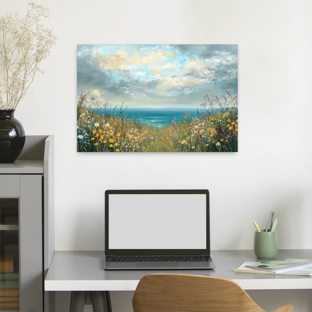 Scenic Coastal Flowers Contemporary Peaceful Serene Coastal Landscape Wall Art Print