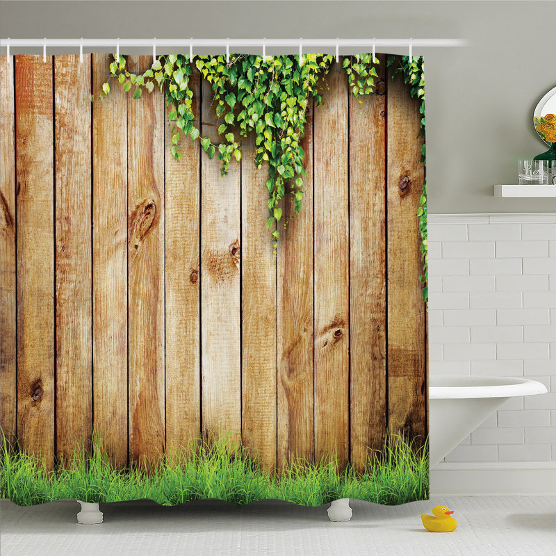 Rustic Green and Brown Polyester Shower Curtain with Hooks