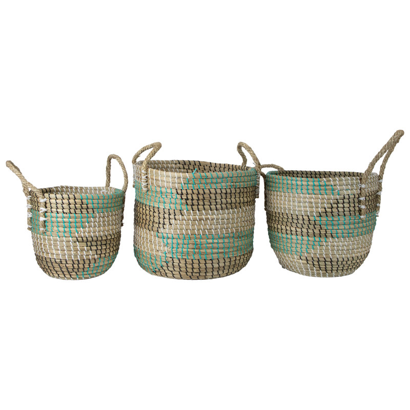 Natural Woven Seagrass Basket with Teal Black and White Accents