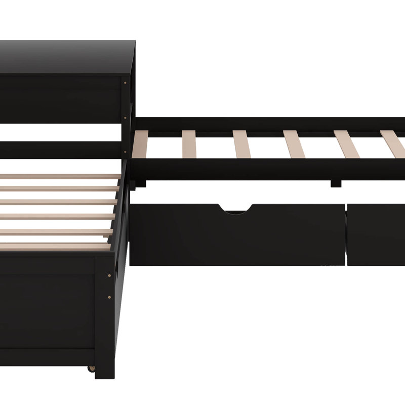 Lit plateforme simple en L avec lit gigogne, tiroir et bureau, Espresso
