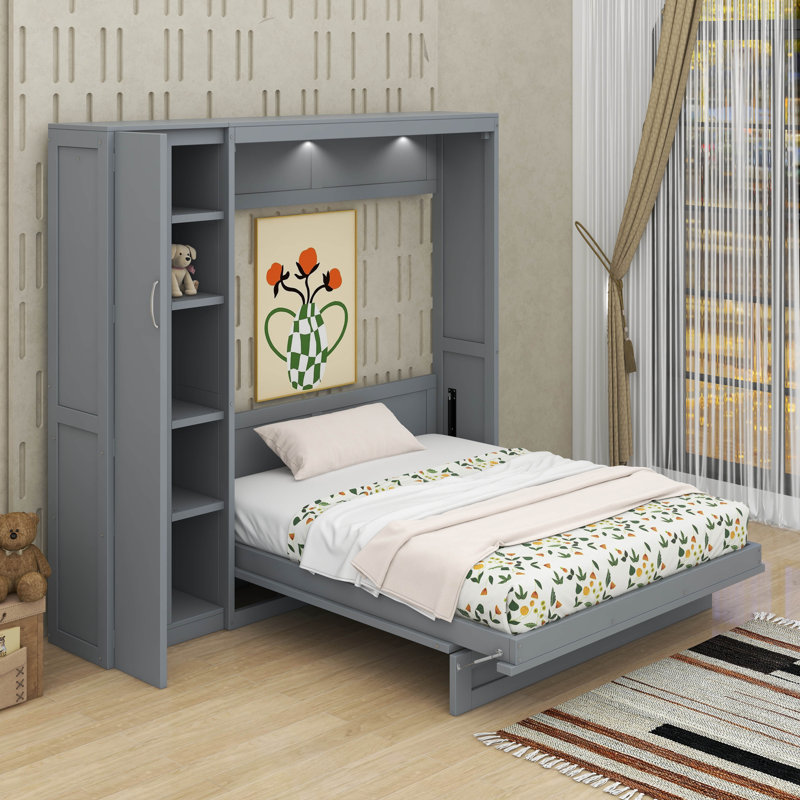 Lit escamotable mural Murphy avec tablettes, garde-robe et DEL, gris, Double