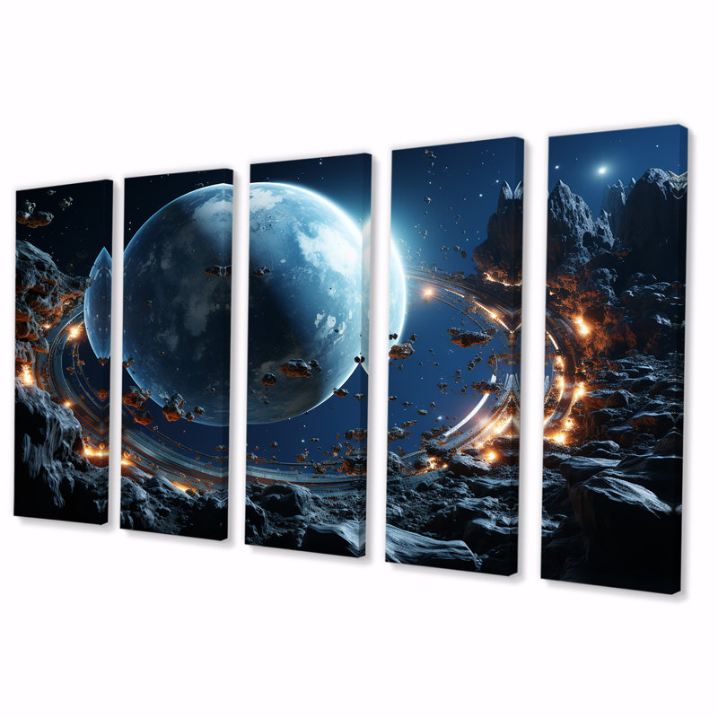 "Blue Planets Distorsion - Planets", art mural sur toile 5 pièces, H 28 po x l 60 po