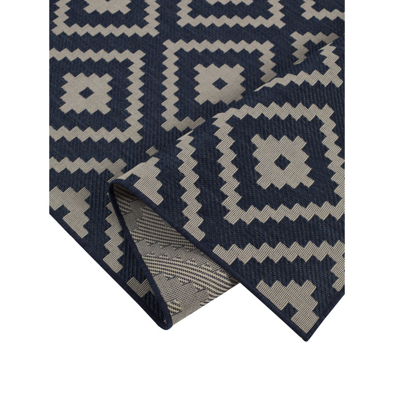 Tapis décoratif géométrique bleu minuit/beige intérieur/extérieur Waldorf, Rectangle 2 pi x 3 pi