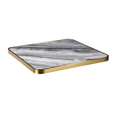 30" x 30",1 1/8"  Sintered Stone Table Top with  Soft Grey and Charcoal Veining Gold Stainless Steel Edge, Indoor/Outdoor Use