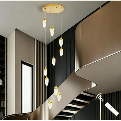 Grand luminaire suspendu 10 lumières à DEL avec cristal et escalier avec télécommande