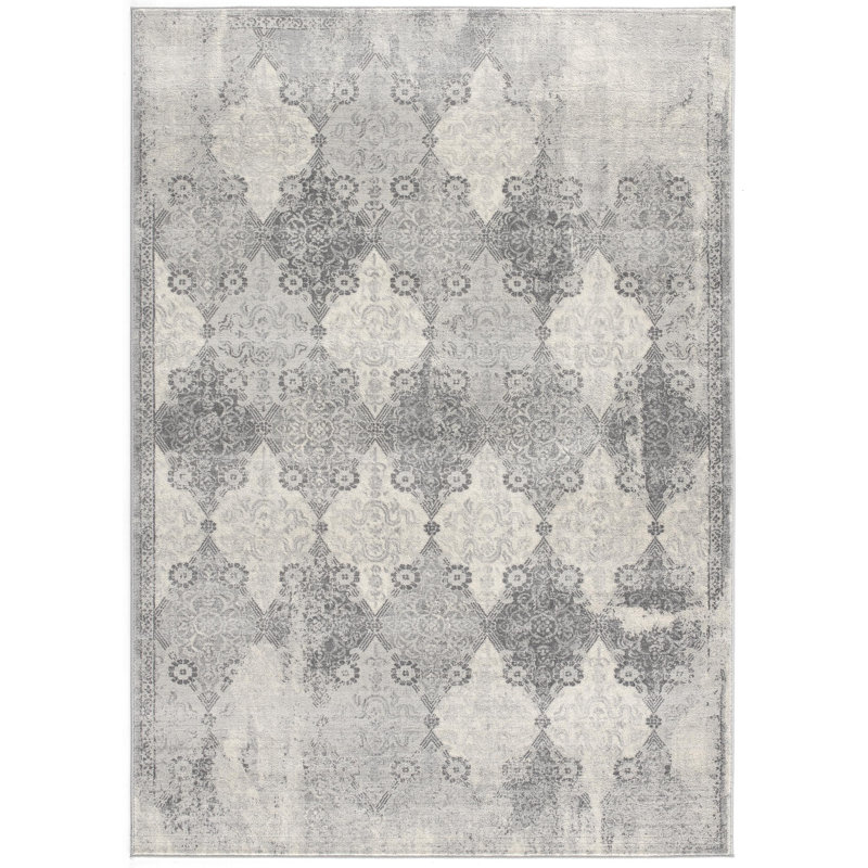 2' X 5' Grey Damask Area Rug