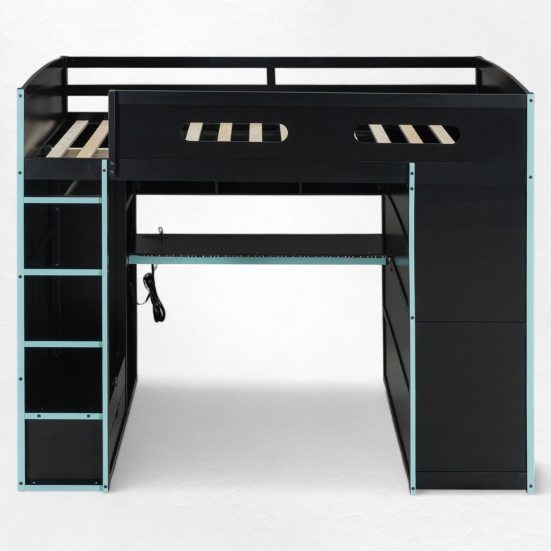 Full Size Loft Bed With Built-In Desk And Storage, Blue/Black