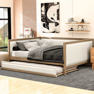 Full Size Upholstered Daybed With Trundle And Nailhead Decoration, Wood Color
