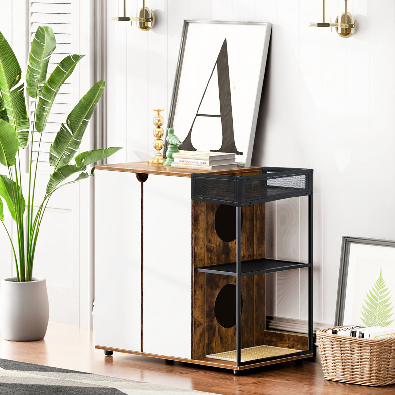 Enceinte de litière pour chat, ambiance brun rustique, 2 chats, armoire avec ventilation, côté pour chats avec grande capacité et coussins anti-éclaboussures