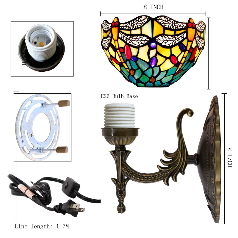 Tiffany Wall Sconce Lamp Blue Stained Glass Flower Style 8X10.5X11 Inch Plug in Wall Bedside Light for Hallway Bedroom (Blue Yellow Dragonfly Style)