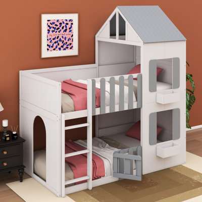 Lit superposé House, cadre de lit superposé Playhouse, mobilier de chambre à coucher peu encombrant avec tablette de rangement et garde-corps à deux tons