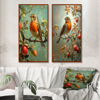 Oiseau Robin dans la ferme, verger I - animaux, art sur toile 2 panneaux