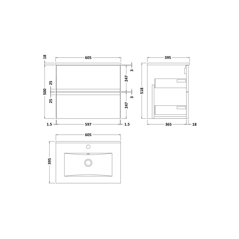 Urban 605mm Single Bathroom Vanity with Integrated Vitreous China Basin, Satin Anthracite
