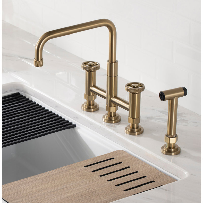 Urbix Bridge Faucet with Side Spray Included, Brushed Gold