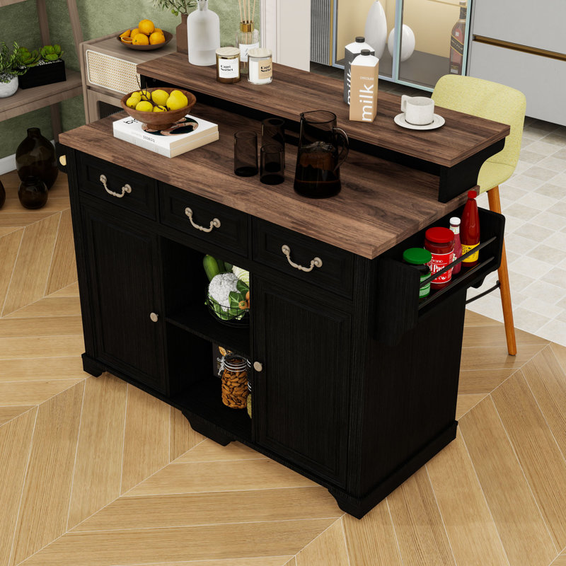 Rolling Kitchen Island with Storage, Adjustable Shelves, Power Outlet, 3 Drawers and Bar Counter, Ash Black