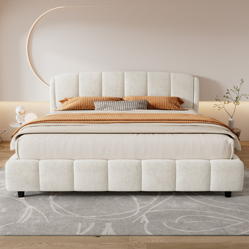 Lit plateforme avec tête de lit Boucle, tête de lit courbée en tissu Soft Boucle