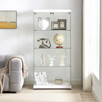 Vitrine à 4 niveaux en verre, armoire à double porte en verre, quatre cloisons, deux verrous, armoire de rangement au sol pour salon, chambre à coucher, salle d'exposition et bureau, blanc, L 31,5 po x l 14,2 po x H 66,3 po