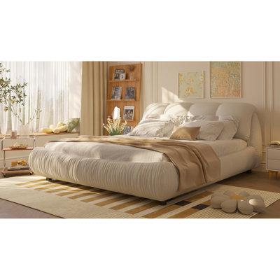 King Size Luxury Upholstered Platform Bed With Oversized Padded Backrest And Solid Wood Frame,Suitable For Multiple Heights Of Mattresses,Beige(Old Sku:W1885S00015)