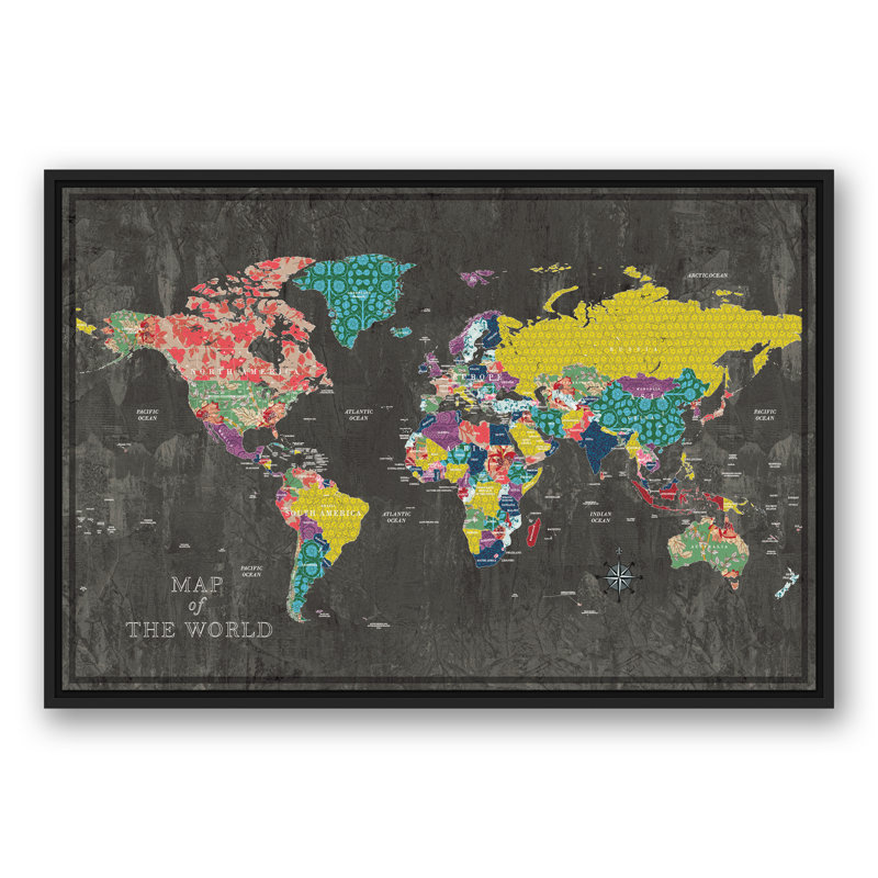 Carte colorée du monde - Impression sur toile, 24 po x 36 po, Encadré