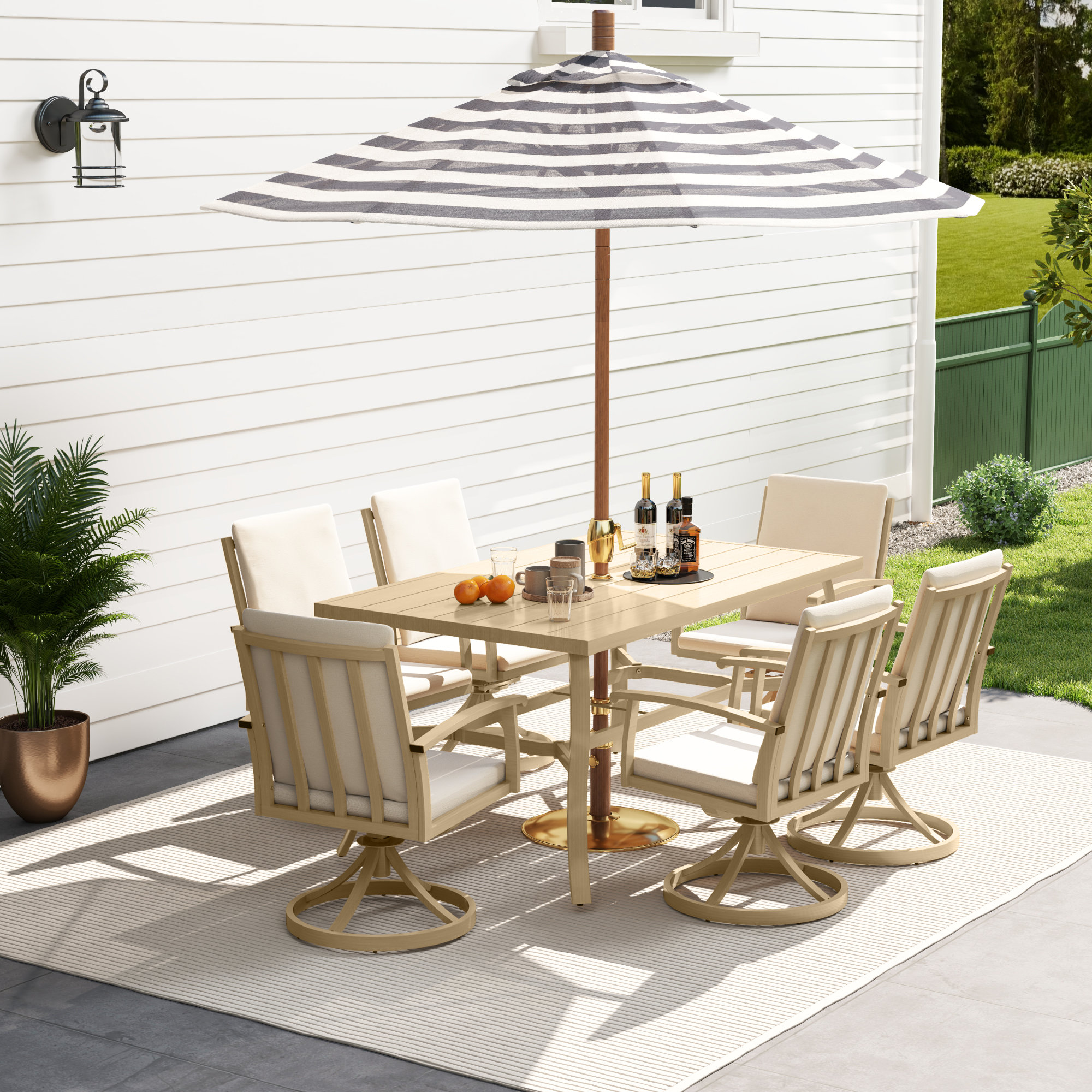 Whittlesey Rectangular Aluminum Dining Set with Cushions, Beige, 6