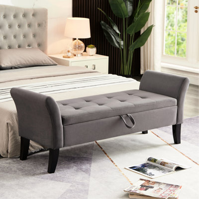 Grey Velvet Bedroom Bench With 51.5" Storage Space - Spacious Option Hallway Elegant And Practical Foam Filled, Curved Arms, Solid Wood Legs Entryway Furniture