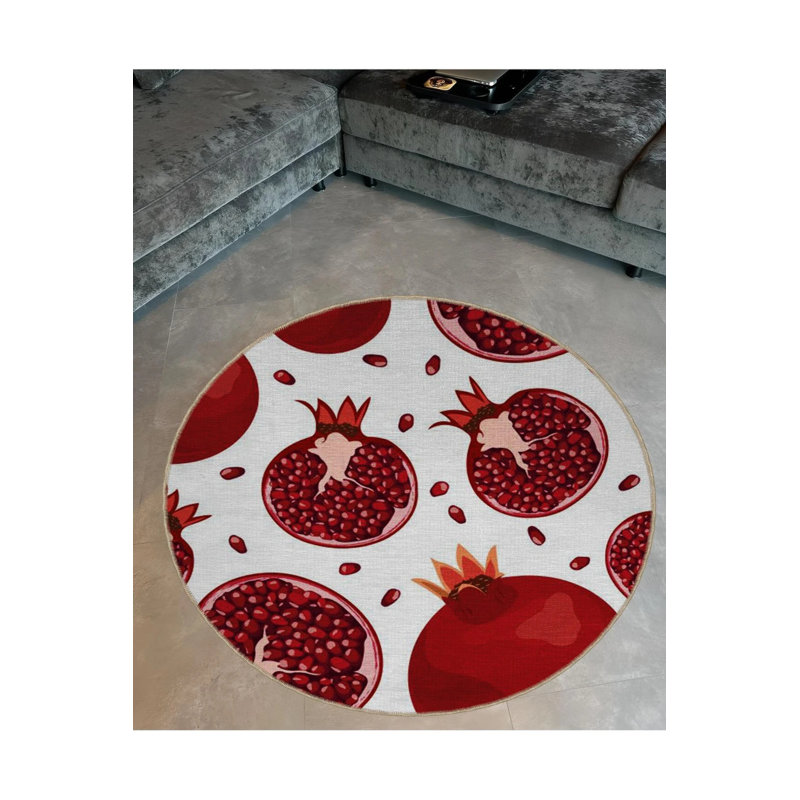 Red Pomegranate Patterned Round Woven Base Modern Decorative Carpet, Round 5'