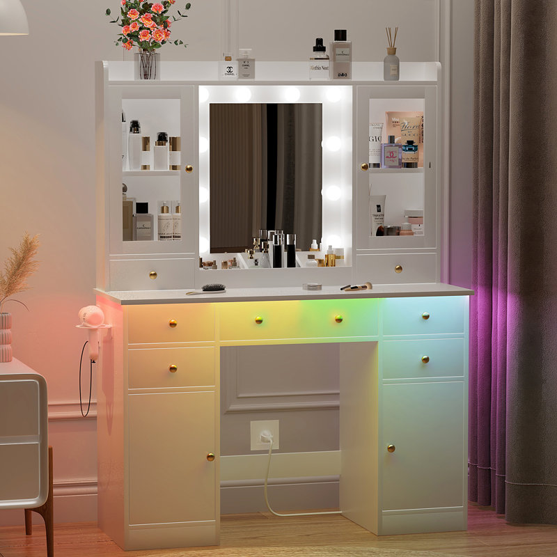 Durnan Vanity & Stool ,LED Lights And Power Outlet, Bedroom Makeup Vanity Table With 2 Glass Storage Cabinet And 7 Drawers