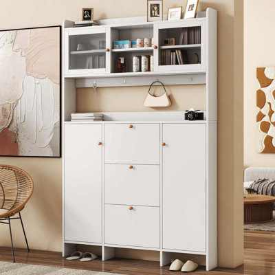 Armoire à chaussures contemporaine Hues Hall Tree 55 po avec plateforme de rangement ouverte, arbre d'entrée en verre trempé avec 3 tiroirs rabattables, armoire haute polyvalente avec 4 crochets pour le couloir
