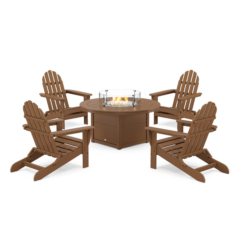 POLYWOOD Classic Folding Adirondack 6-Piece Conversation Set with Fire Pit Table, Teak