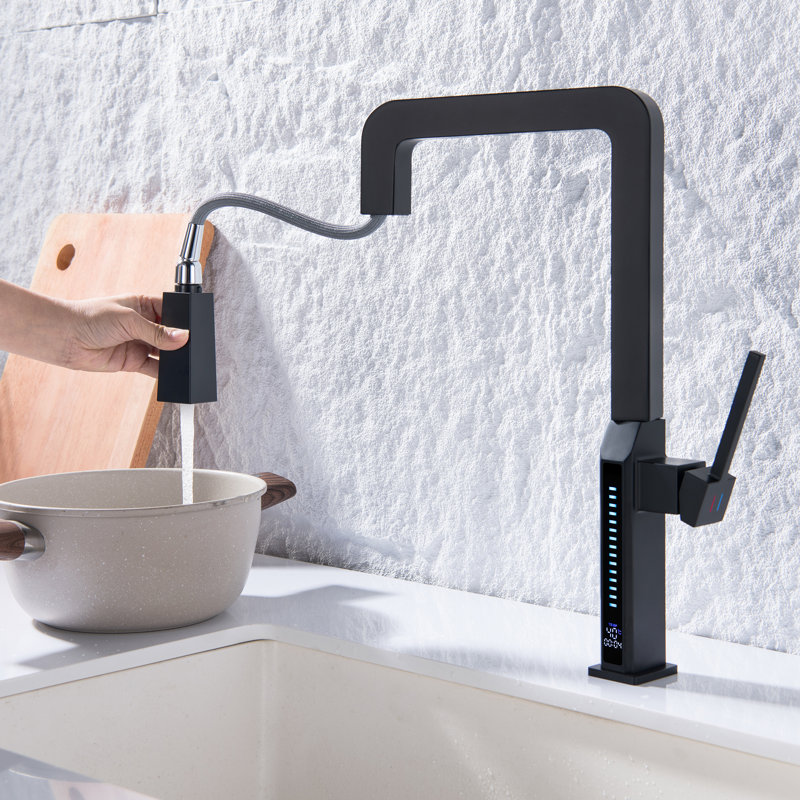 Robinet de cuisine noir mat moderne à poignée simple avec douchette extractible et affichage DEL de la température, Noir mat