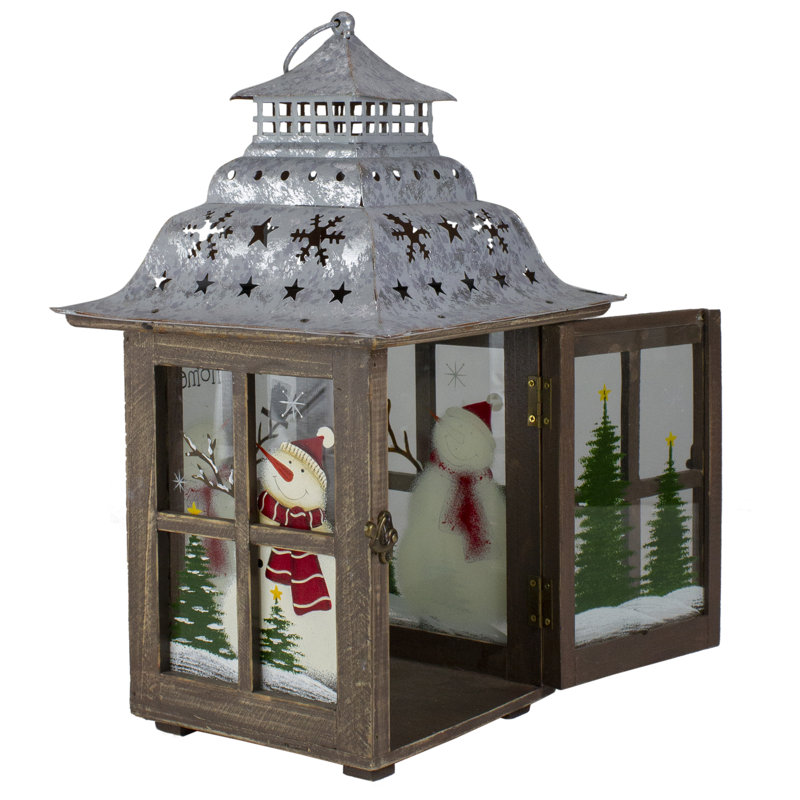 Rustic Wooden Snowman Christmas Lantern with Silver Roof, 16.5"