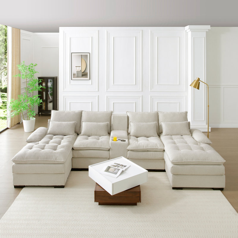Canapé de 130 po en forme de U avec console, porte-gobelets et USB, ensemble de meubles 6 places rembourrés, ensemble de canapé-lit avec méridienne pour le salon