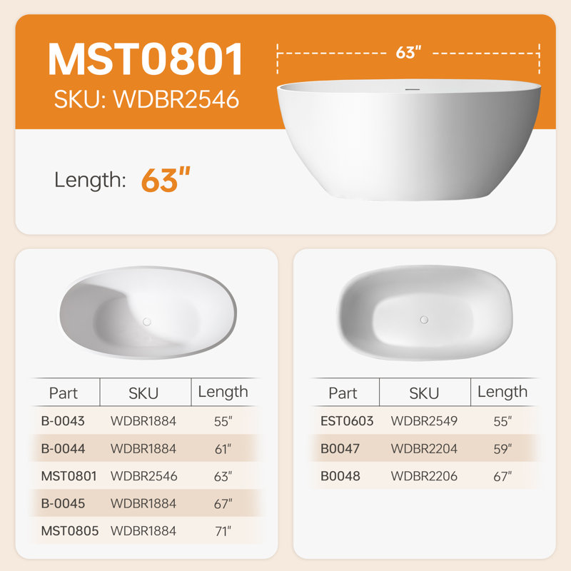  WOODBRIDGE 63" L x 28-3/8" W Luxury Contemporary Solid Surface Stone Resin Freestanding Bathtub, Matte White